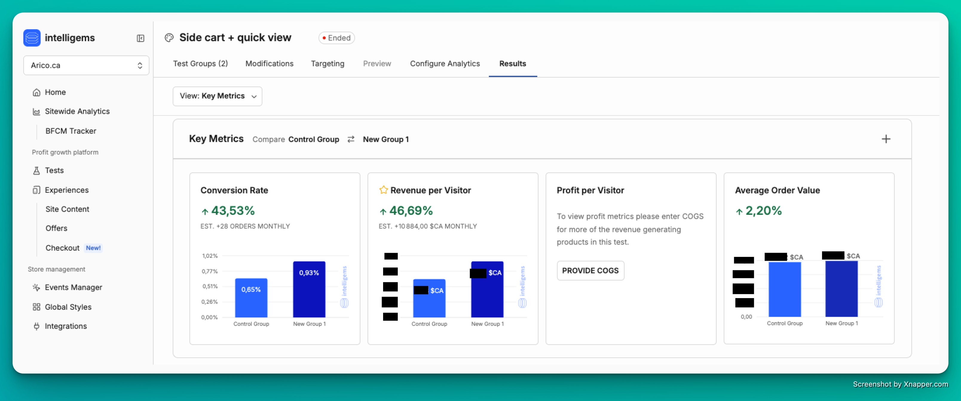 Résultats test Side Cart + Quick View